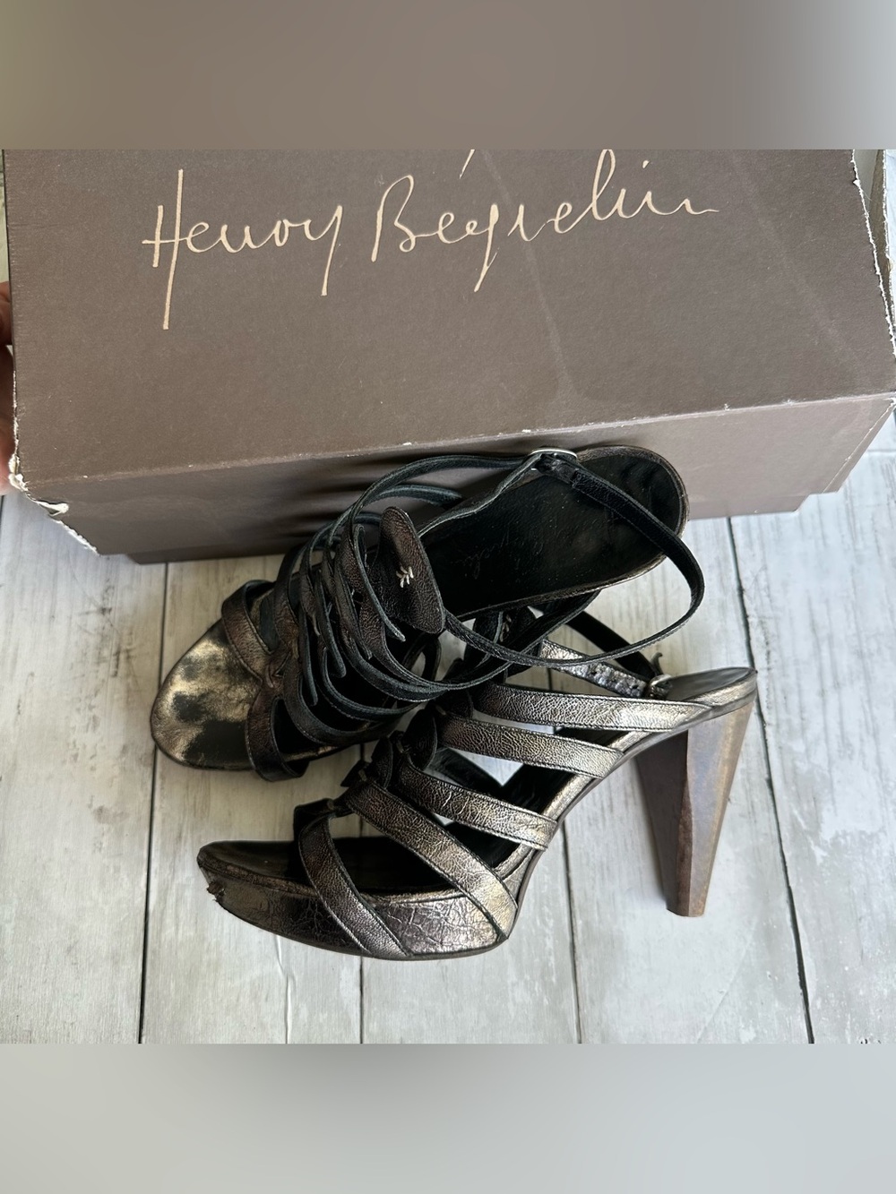 PREOWNED HENRY BEGUELIN GREY METALLIC STRAPPY HEELS WOMENS SIZE 38 GREY LEATHER